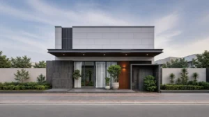Modern minimalist house with gray cladding, dark stone facade, large windows, and landscaped front garden.