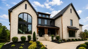 Modern farmhouse-style home with cream stone exterior, black-framed windows, covered entrance, and landscaped front yard.