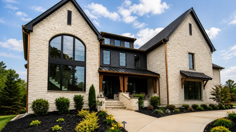 Modern farmhouse-style home with cream stone exterior, black-framed windows, covered entrance, and landscaped front yard.