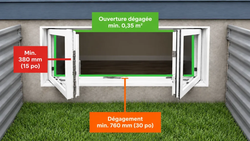 Basement egress window diagram showing minimum clear opening dimensions and 760 mm exterior clearance over grass.