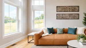 Bright modern living room with large white-framed windows, caramel leather sofa, and natural light.
