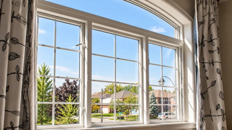 Large arched residential window with white frames overlooking a sunny suburban neighborhood.