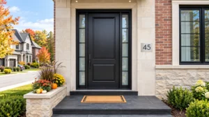 Modern black front door with glass sidelights, stone and brick exterior, house number 45, and autumn landscaping.