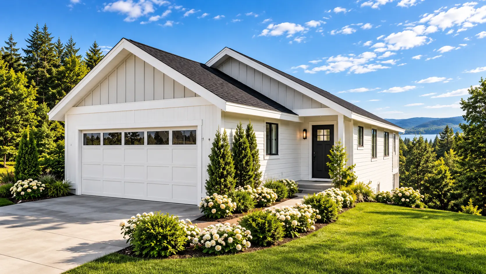 Yellow cottage with white trim, flower boxes, front porch, and landscaped garden.