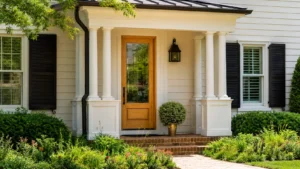 Traditional home entrance with wood front door, white columns, black shutters, and landscaped garden.