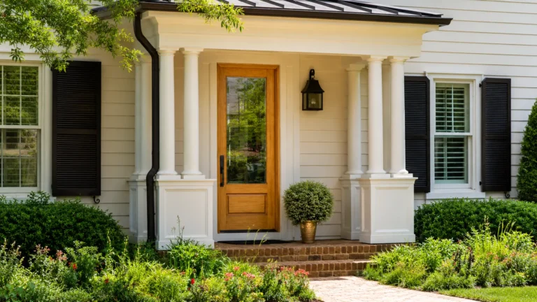 Traditional home entrance with wood front door, white columns, black shutters, and landscaped garden.