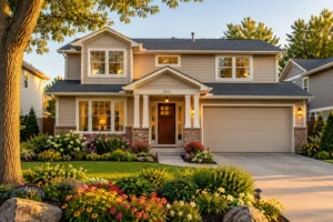 Two-story suburban home with attached garage, covered front entry, mature tree, and colorful landscaped garden.