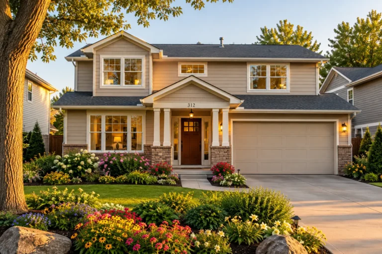 Two-story suburban home with attached garage, covered front entry, mature tree, and colorful landscaped garden.
