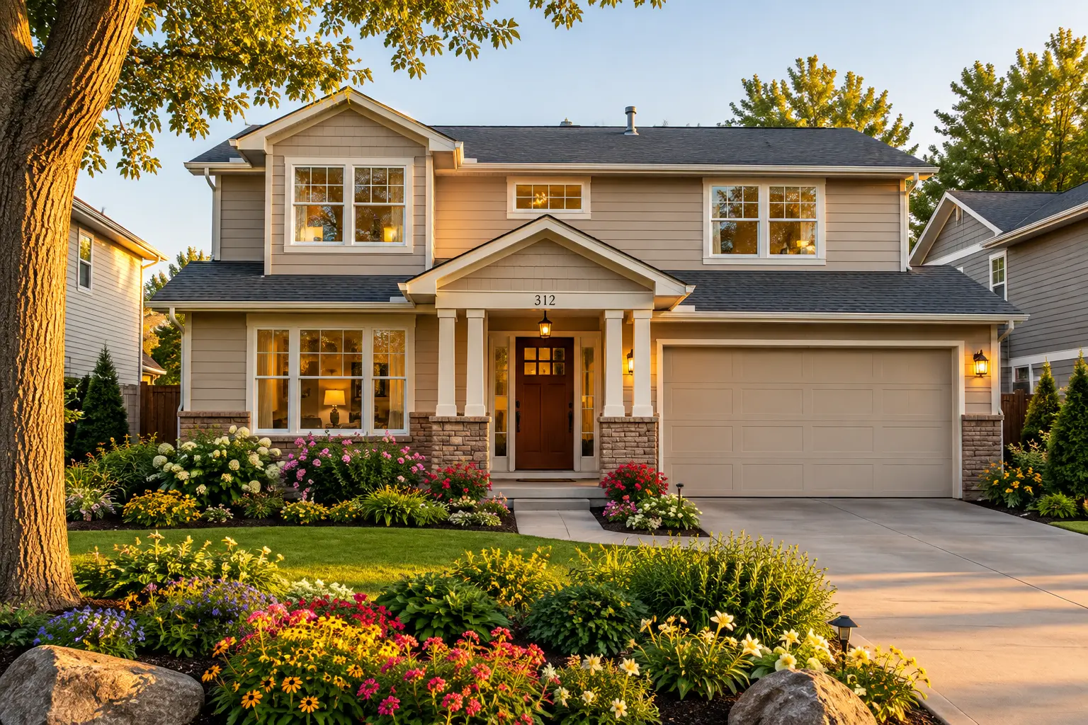 Two-story suburban home with attached garage, covered front entry, mature tree, and colorful landscaped garden.