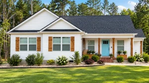 White farmhouse with wood shutters, blue front door, covered porch, and landscaped front yard.