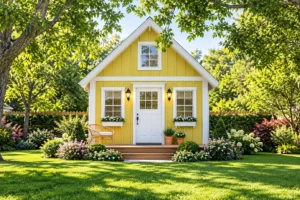 Yellow cottage with white trim, flower boxes, front porch, and landscaped garden.