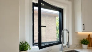 Open black-framed casement window above a modern kitchen sink with a chrome spring faucet.