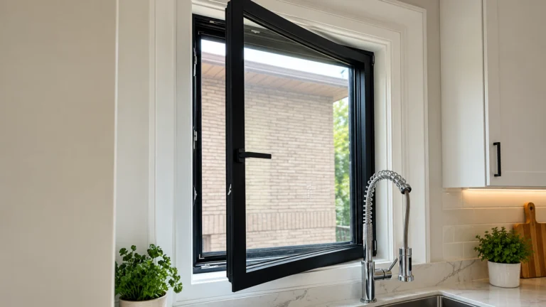 Open black-framed casement window above a modern kitchen sink with a chrome spring faucet.
