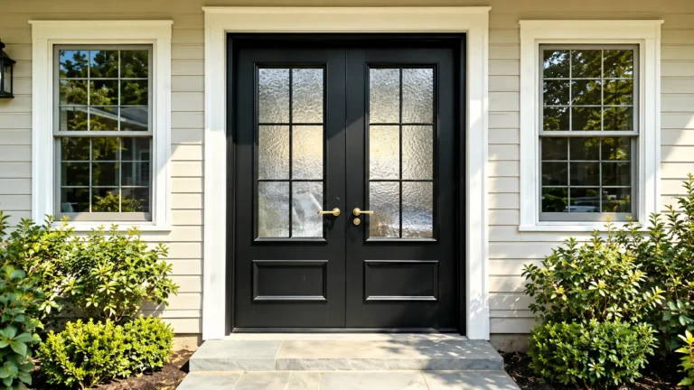 Black double front doors with textured glass panels, brass handles, white trim, and landscaped shrubs.