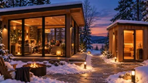 Grande façade vitrée d’un pavillon de détente chauffé donnant sur un jardin enneigé, avec un sauna extérieur en bois à proximité