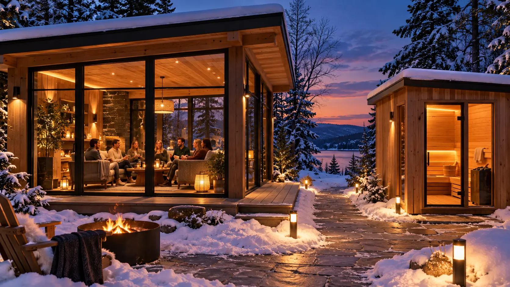 Grande façade vitrée d’un pavillon de détente chauffé donnant sur un jardin enneigé, avec un sauna extérieur en bois à proximité