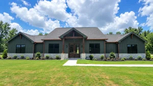 Modern green farmhouse with stone accents, timber entry, black-framed windows, and landscaped front lawn.