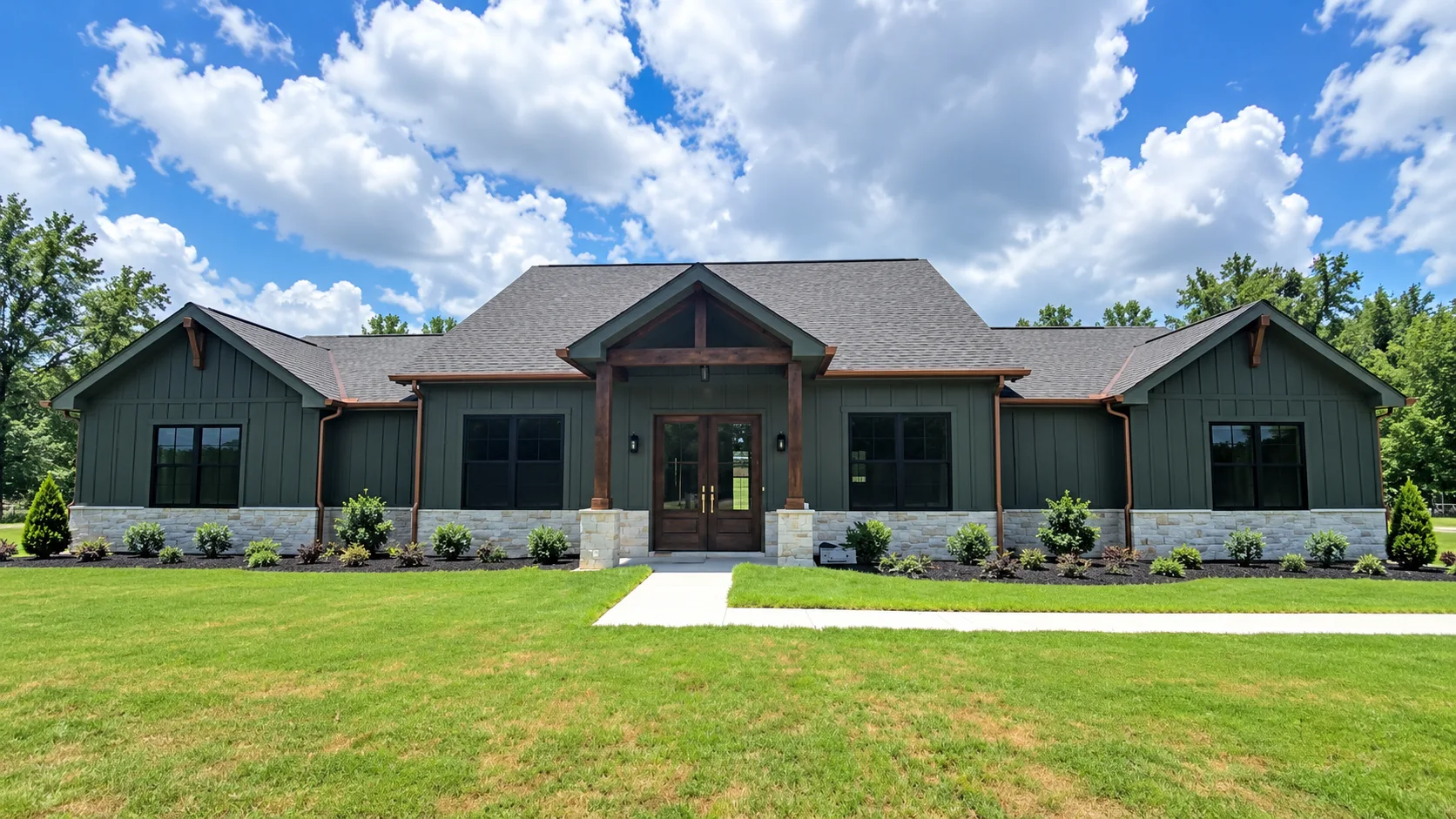 Modern green farmhouse with stone accents, timber entry, black-framed windows, and landscaped front lawn.