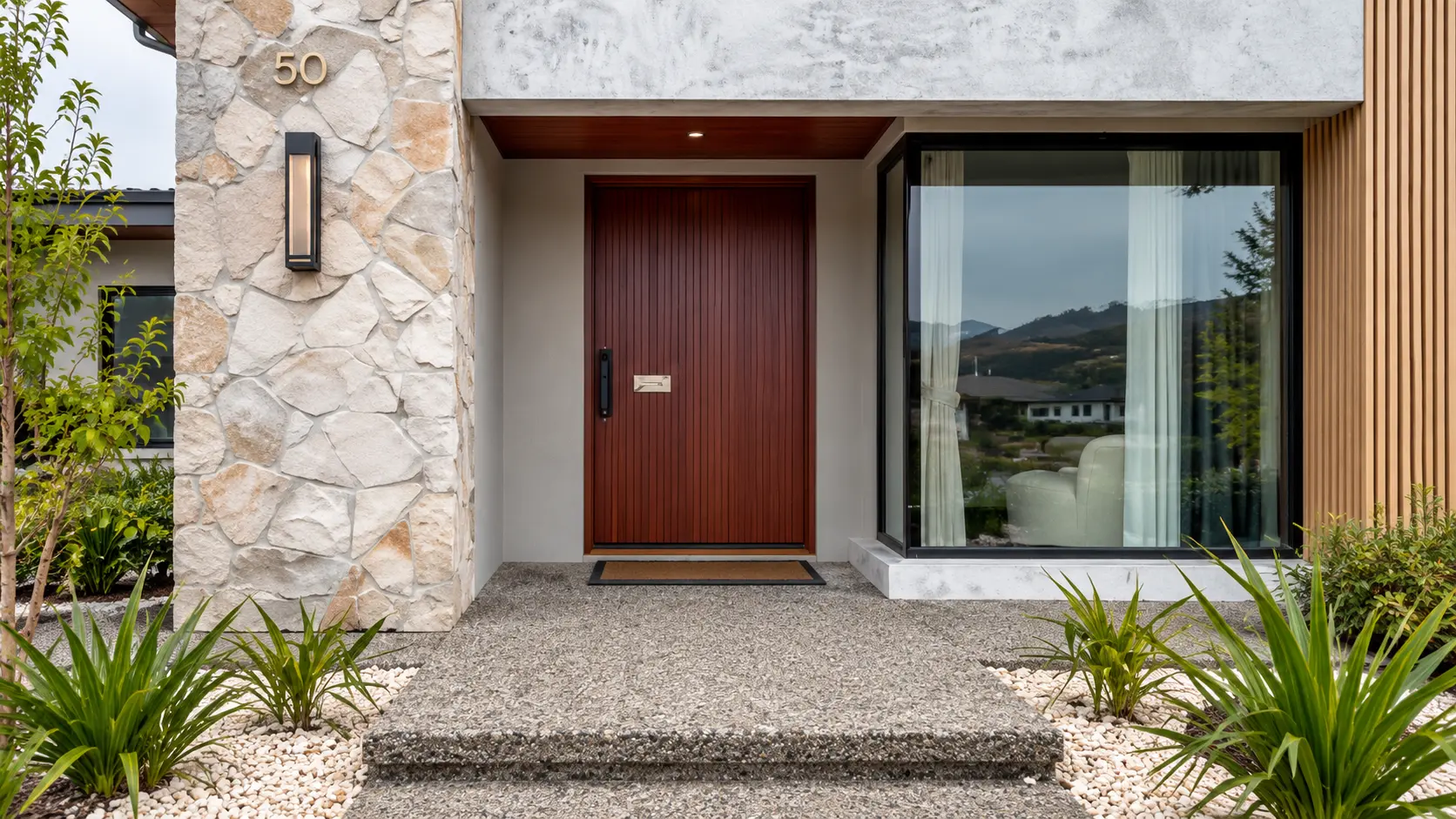 Modern home entrance with red wood front door, stone wall, large window, and landscaped walkway.