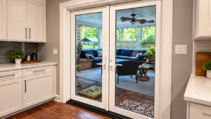 White French patio doors opening from a modern kitchen into a covered sunroom with backyard views.