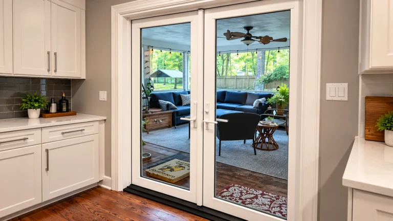 White French patio doors opening from a modern kitchen into a covered sunroom with backyard views.
